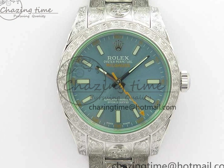 0514 Contemporary Milgauss 116400 904L Engraved SS DJF 11 Best Edition Blue Dial on 904L Engraved SS Bracelet A2836 (Real Green Sapphire Crystal) 3068